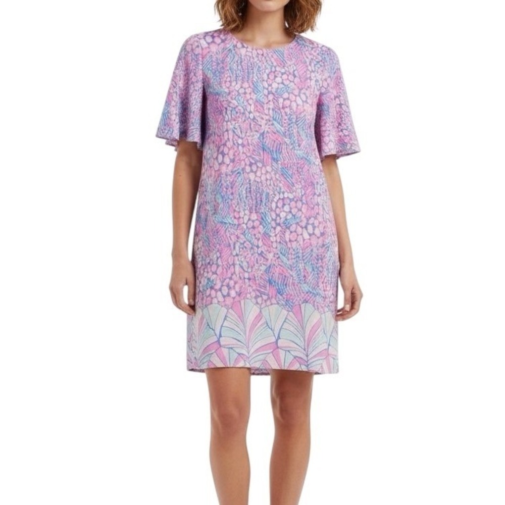 Lilly Pulitzer XS Dress Pink Blue‎ Tropical Print Short Sleeve Keyhole Casual